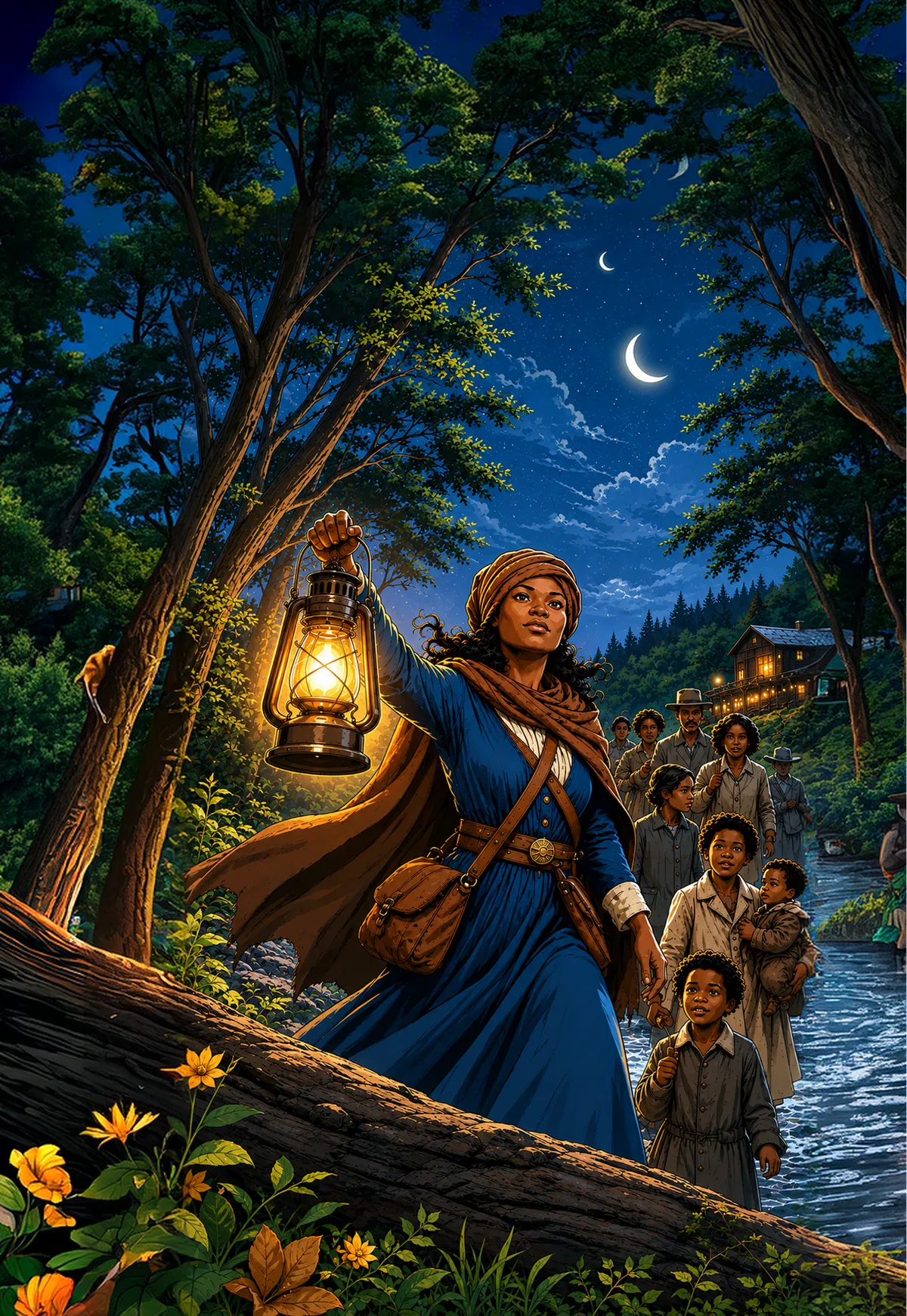 Harriet Tubman holds up a lantern as she leads people through the woods at night.