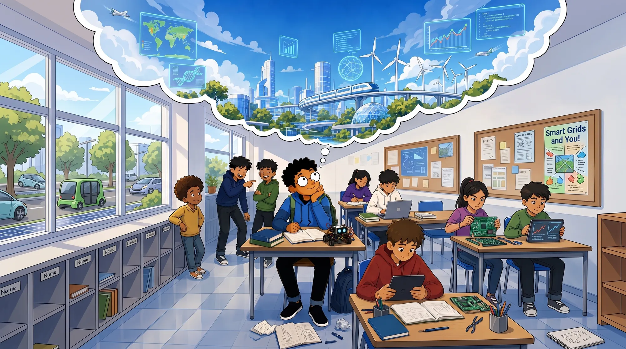 Joey daydreams at his school desk about a city of the future.