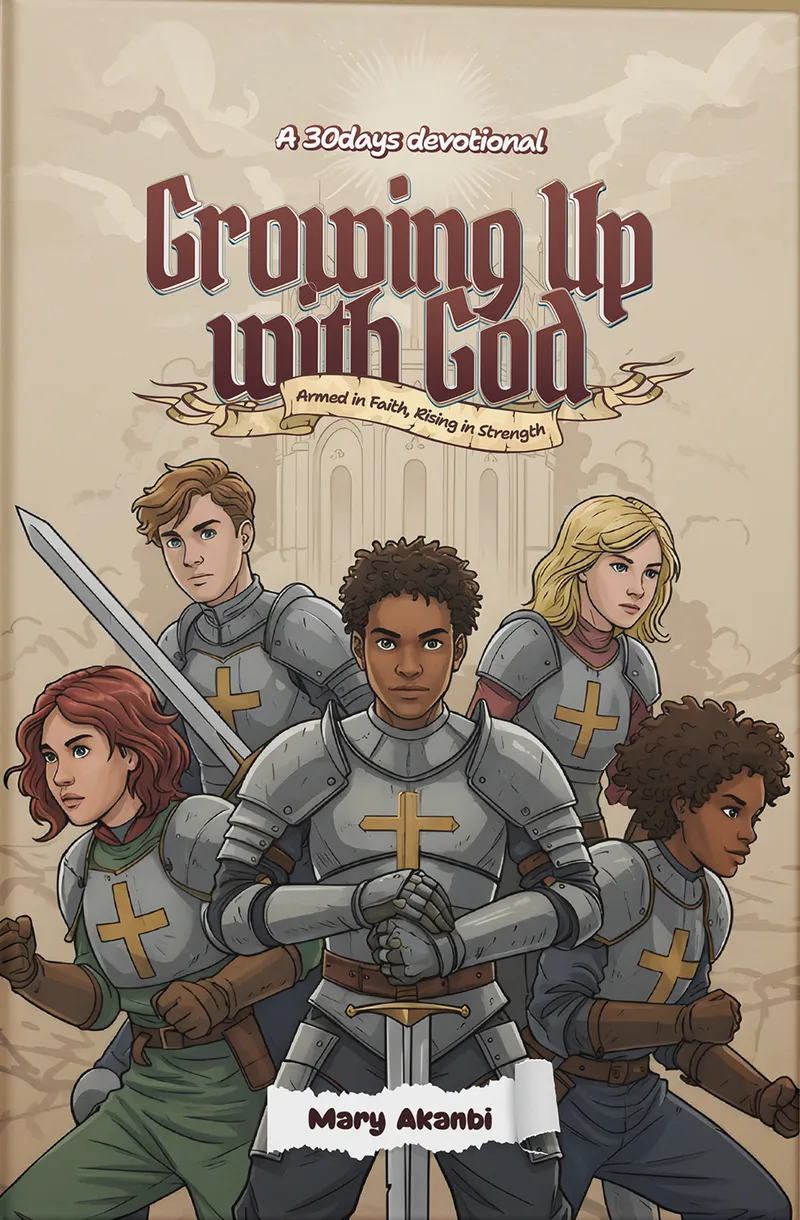 Cover of Growing Up with God: young readers dressed as knights in armour.