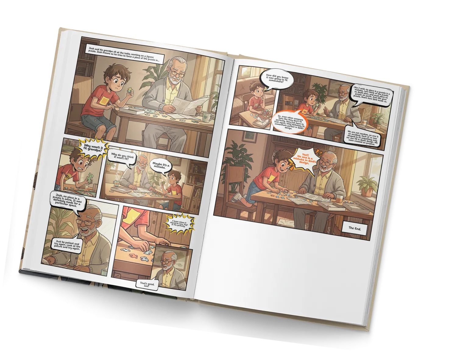 An open copy of Growing Up with God showing comic pages.
