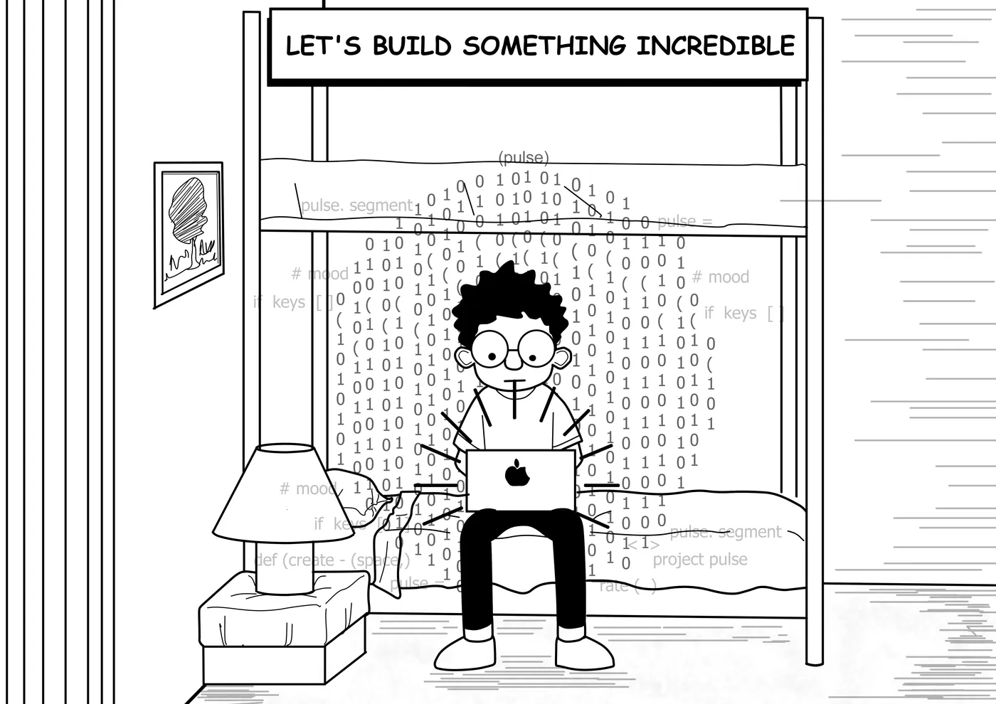 Joey sits on his bed with a laptop as code rains down. A banner reads: Let’s build something incredible.