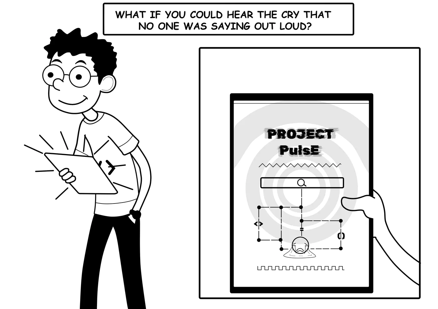 Joey holds a tablet showing Project Pulse. The caption asks: what if you could hear the cry that no one was saying out loud?
