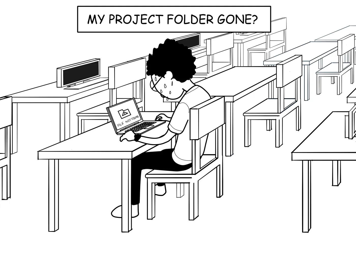Joey alone in a computer room, staring at his screen. The caption reads: my project folder gone?